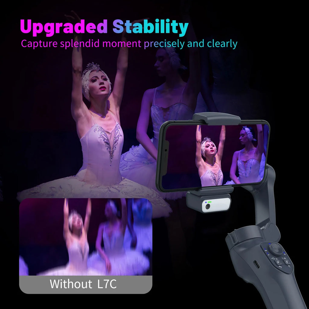 Foldable handheld camera stabiliser head in gun colour with gimbal system and USB charging port