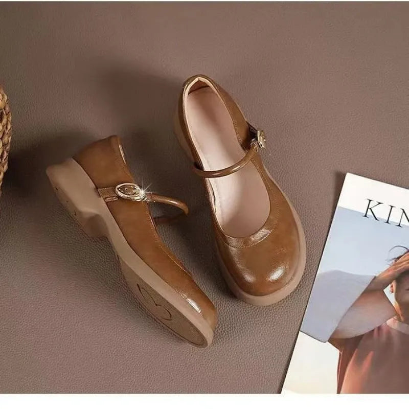 Flat fairy style leather shoes with wedge heel, round toe, and skull pattern in multiple colours