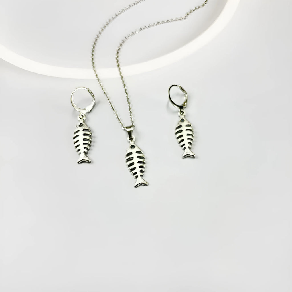 Women's fishbone pendant necklace and matching earrings set with adjustable O-chain