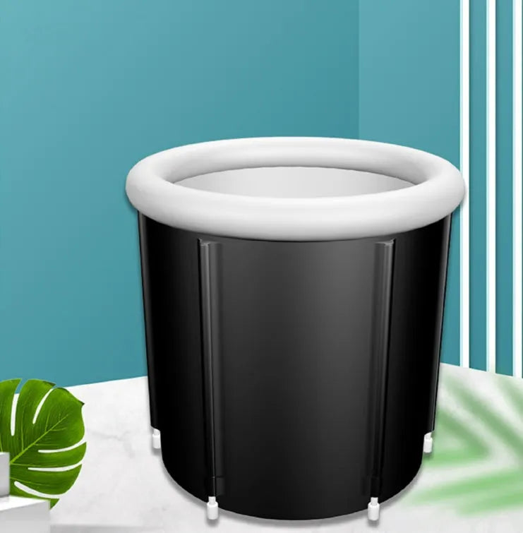 Black portable inflatable ice bath tub with weather lid showing 70x80cm dimensions for cold therapy recovery