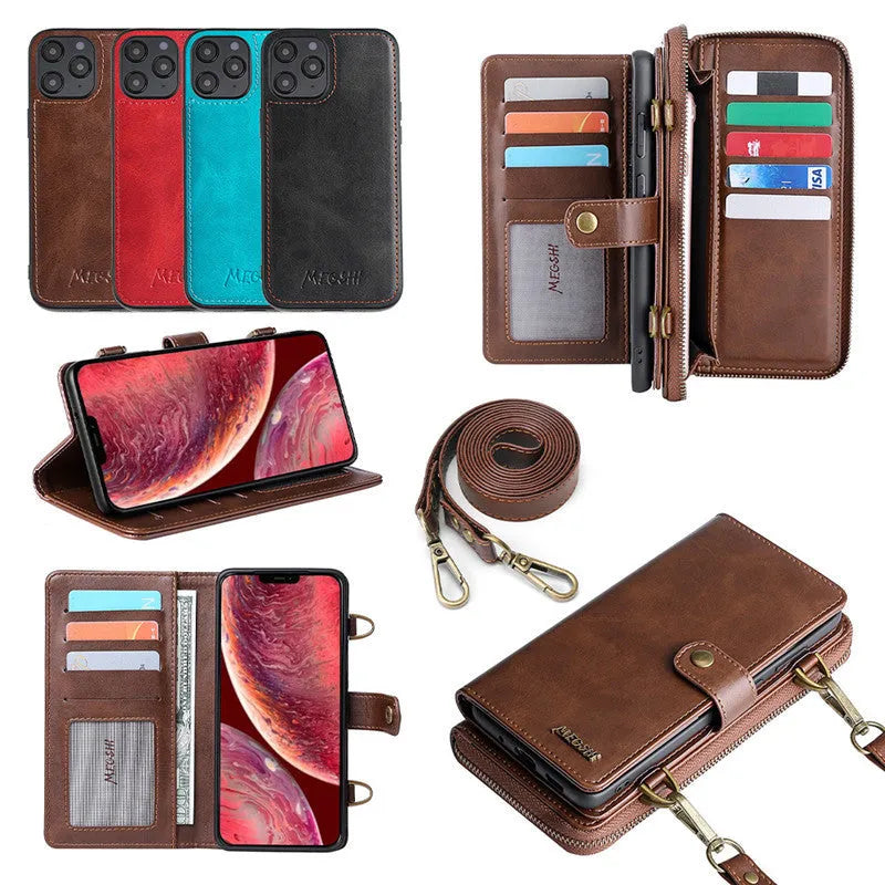 Detachable wallet phone case with magnetic leather flip cover shown in black blue brown red colours
