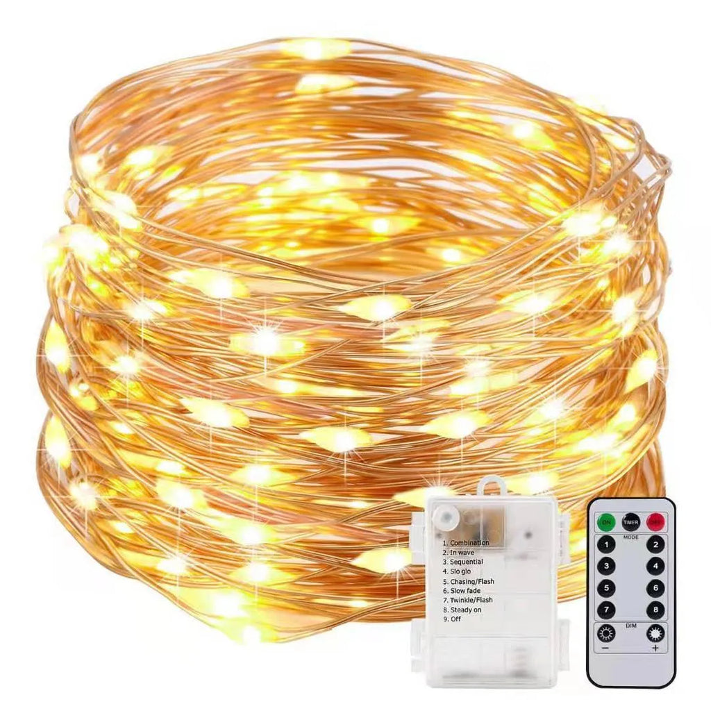 12-metre long flexible copper wire LED string light with 120 bulbs and a battery control box.