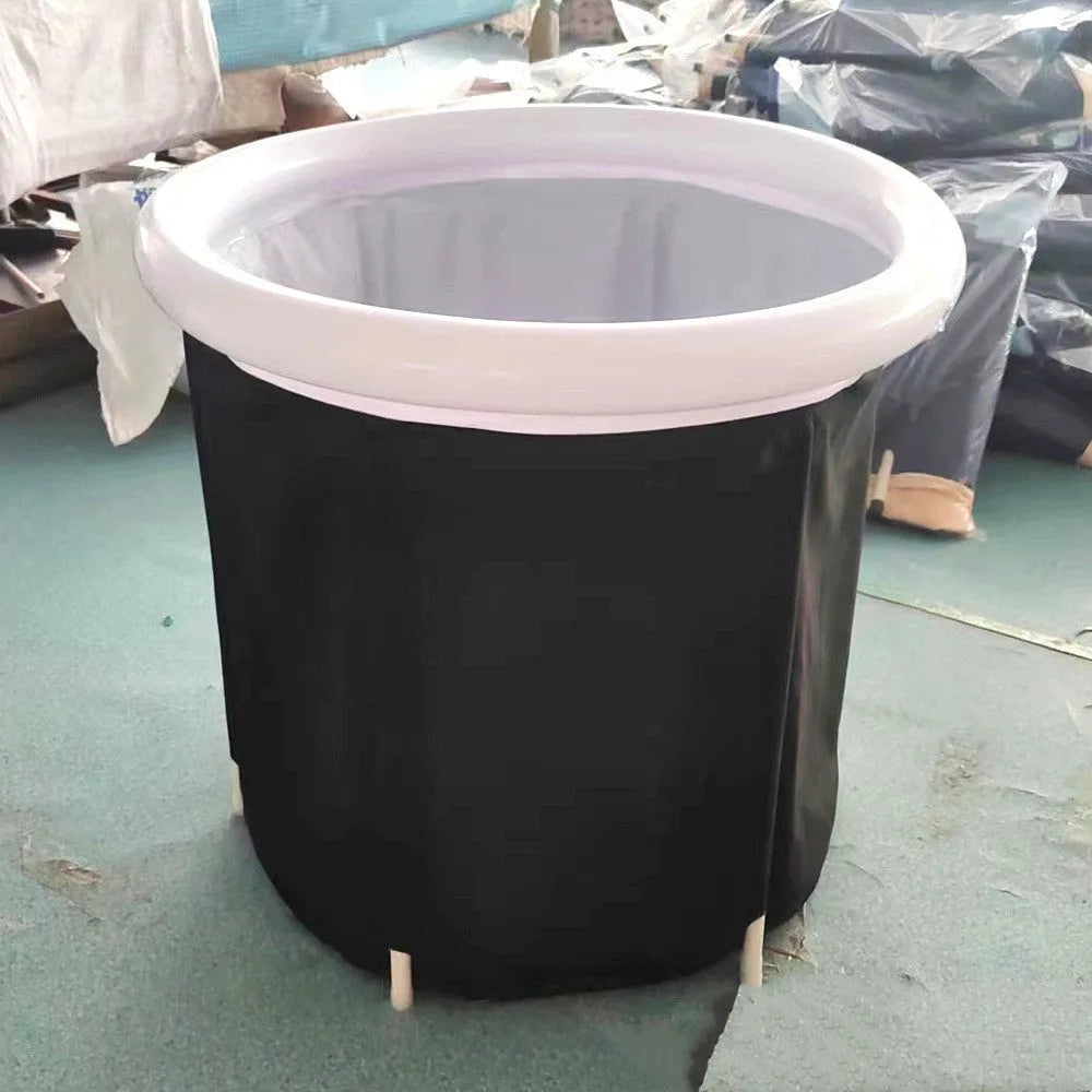 Black portable inflatable ice bath tub with weather lid showing 70x80cm dimensions for cold therapy recovery