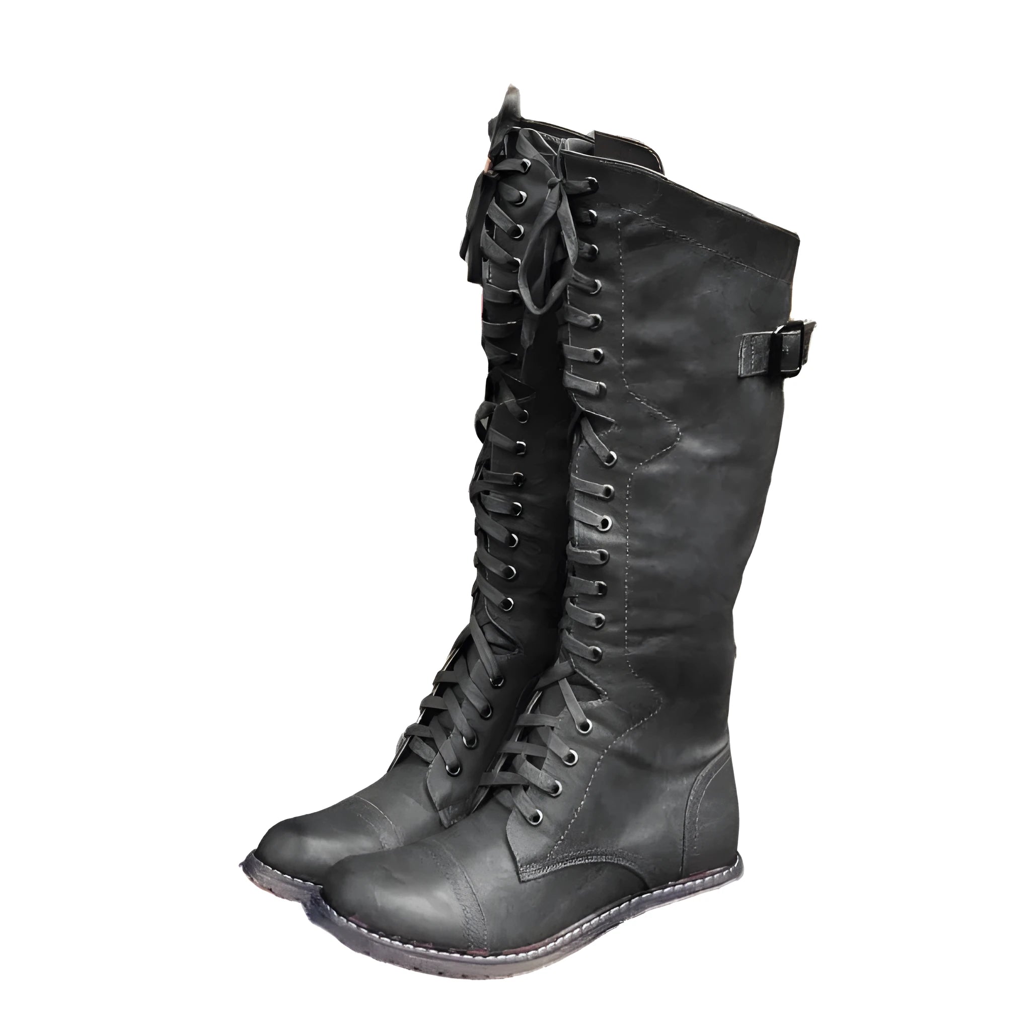 Women's black synthetic PU knight boots with a cross-strap design on the upper.