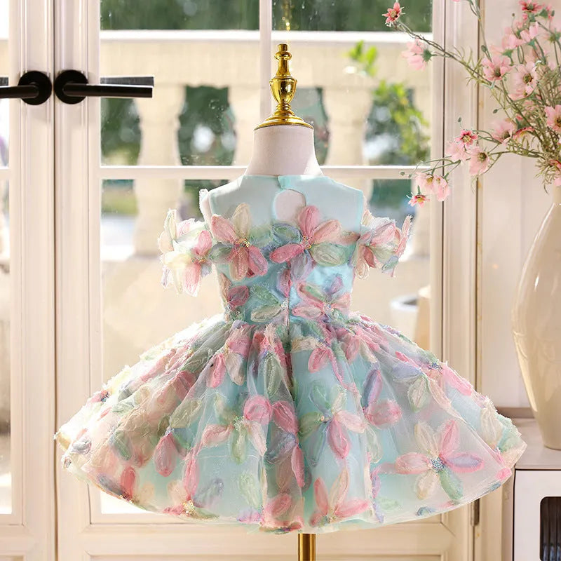 Blue green children's polyester princess dress for piano performances with no-liner skirt, available in sizes 80-160cm