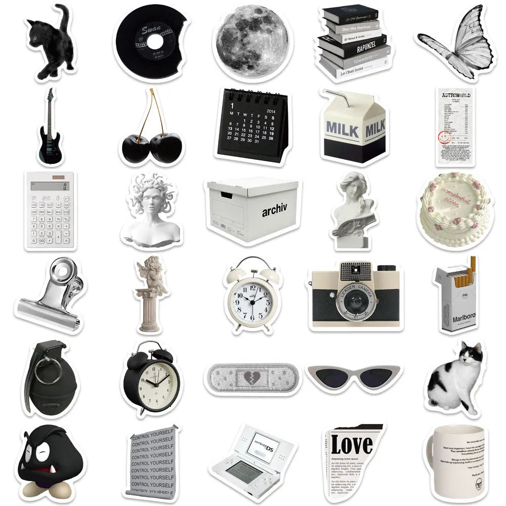 Assortment of black and white vinyl stickers featuring coffee cups and abstract designs for laptops and phones.