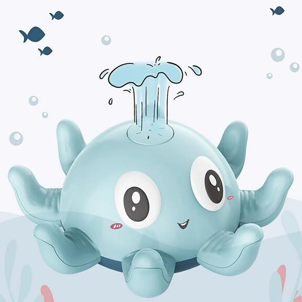 Automatic water spray bath toy with flashing lights in pink or blue colour for children's bath time