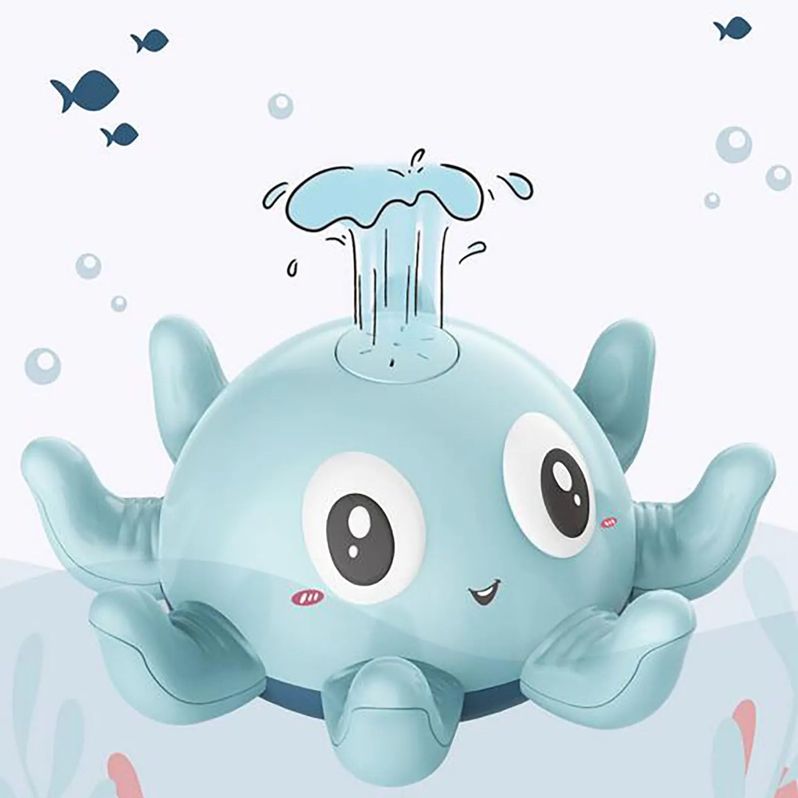 Automatic water spray bath toy with flashing lights in pink or blue colour for children's bath time