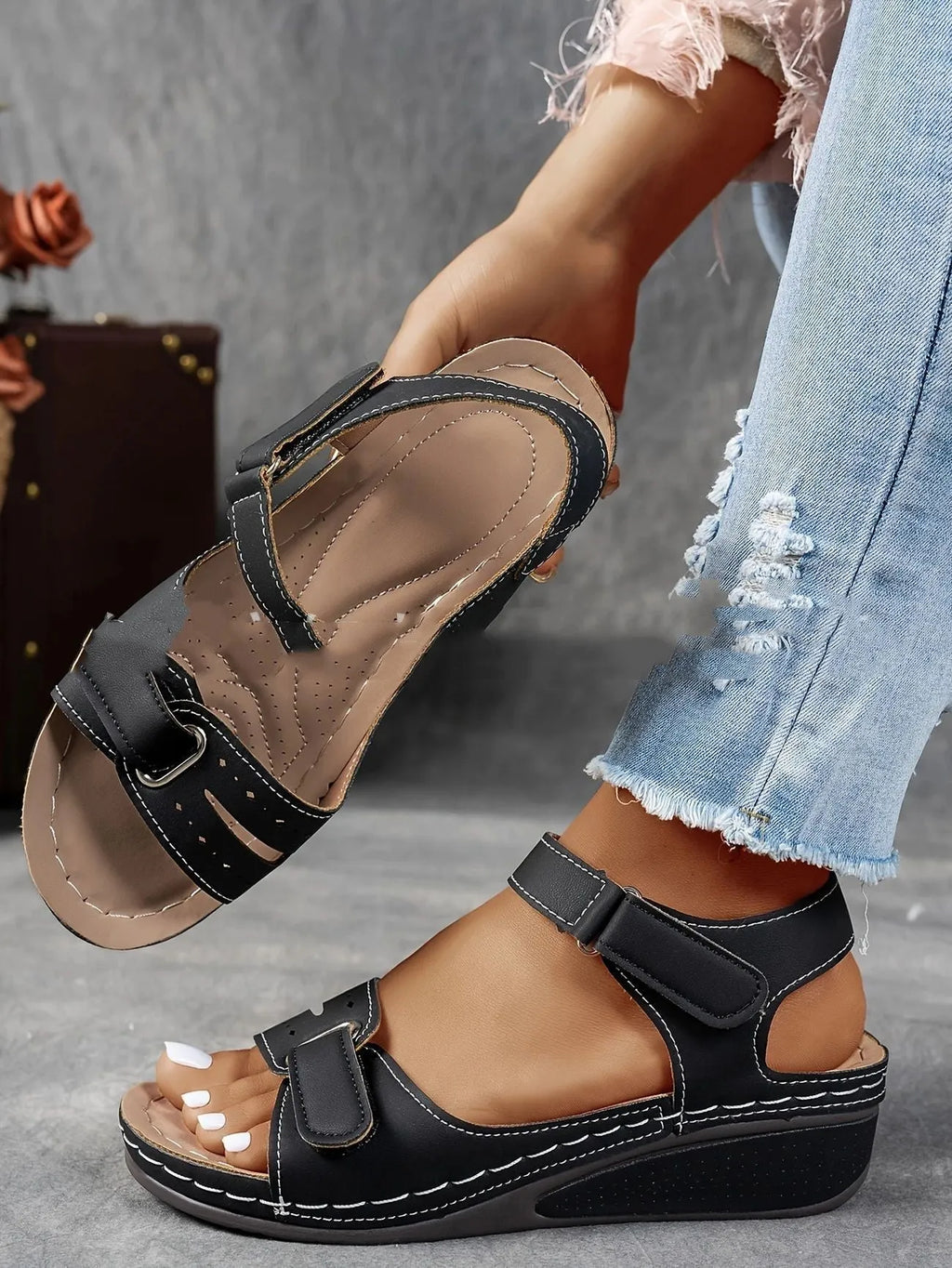 Beige plus size strap sandals with Velcro fastening and thick composite soles