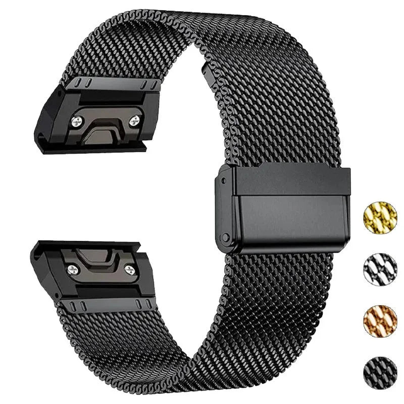 Silver stainless steel watch strap for Garmin Fenix series smartwatch showing lug detail.