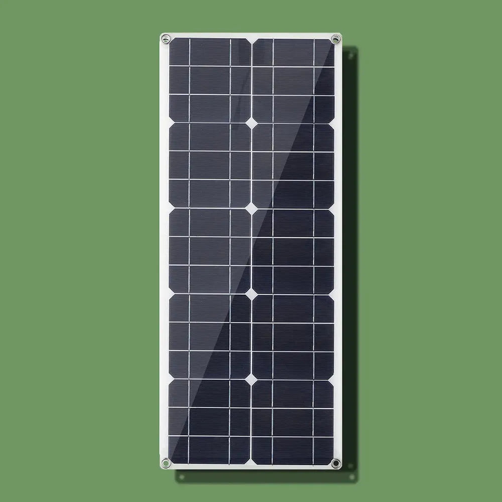 30W semi-flexible outdoor solar charging panel showing USB port and 18V output cable