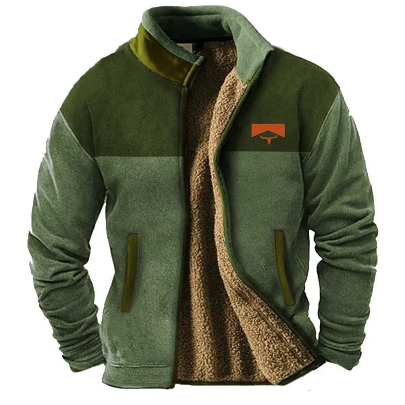 Men's green polyester fleece padded coat showing regular fit and front zipper.