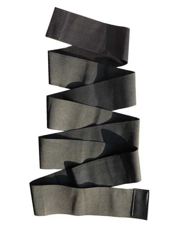Black polyester waist training restraint belt for yoga body sculpting, 3 metre length shown on white background
