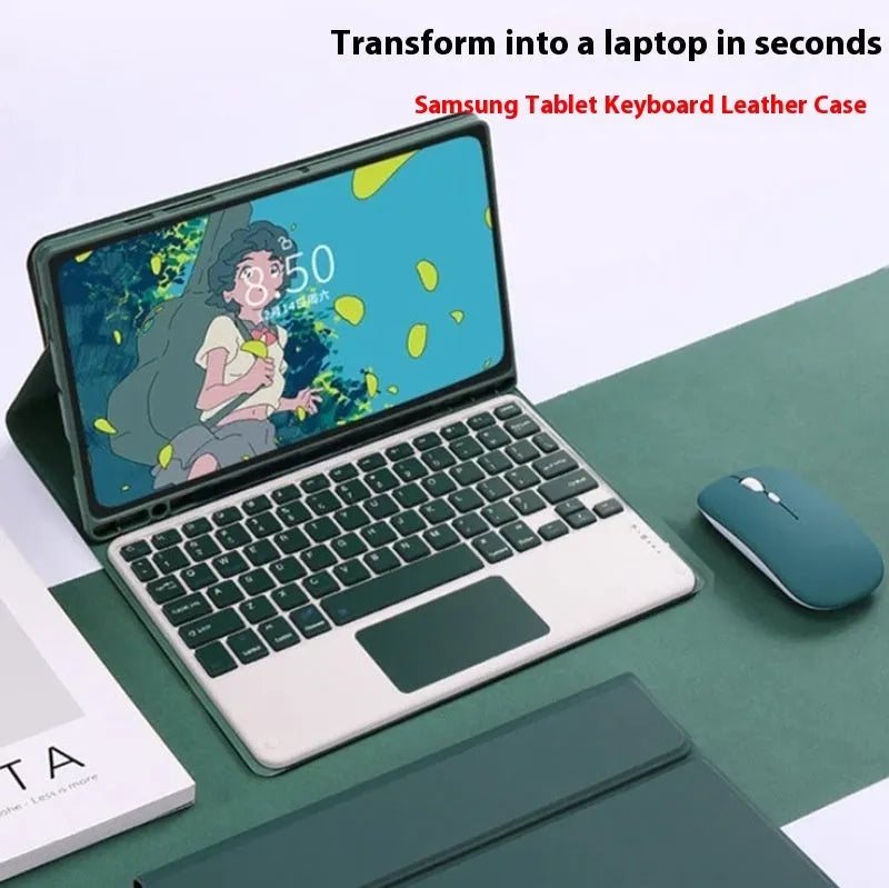 Samsung Galaxy tablet in a TPU case with a Bluetooth keyboard and a charging mouse alongside.