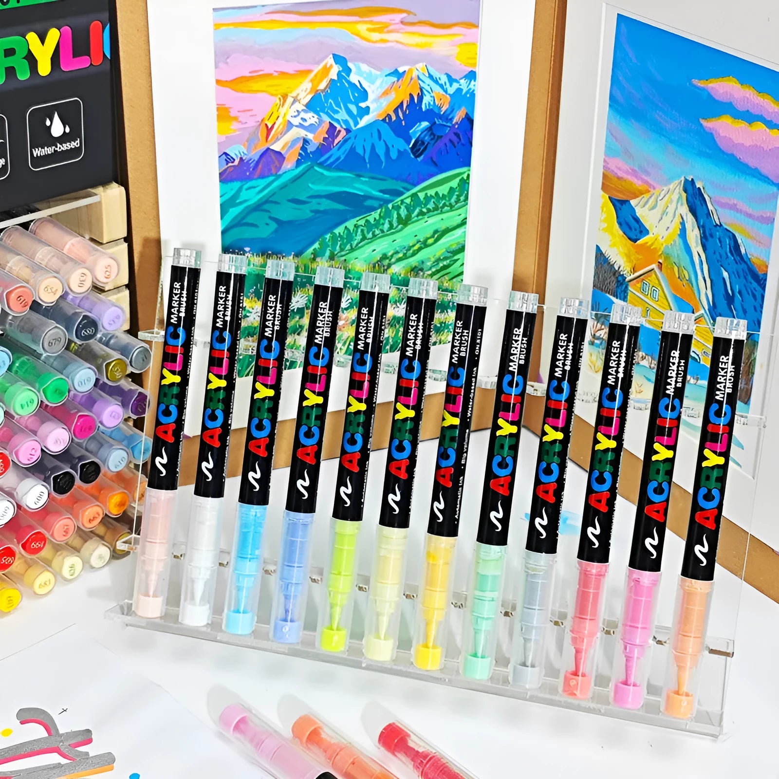 Straight liquid acrylic marker pens with soft heads in multiple colour pack options for painting