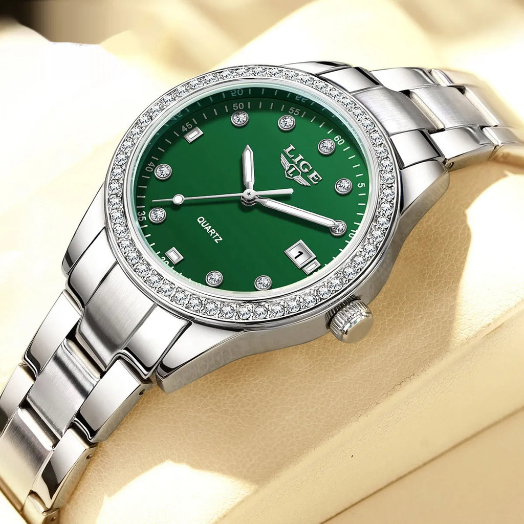 Silver fashion women's quartz watch with diamond bezel and round dial