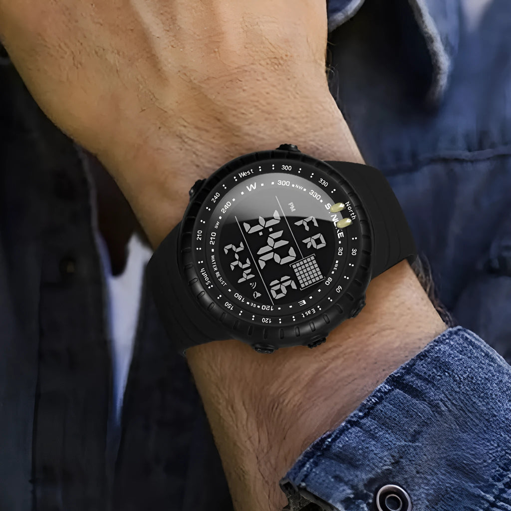 Black men's waterproof outdoor electronic watch with 54.74mm dial and PU strap