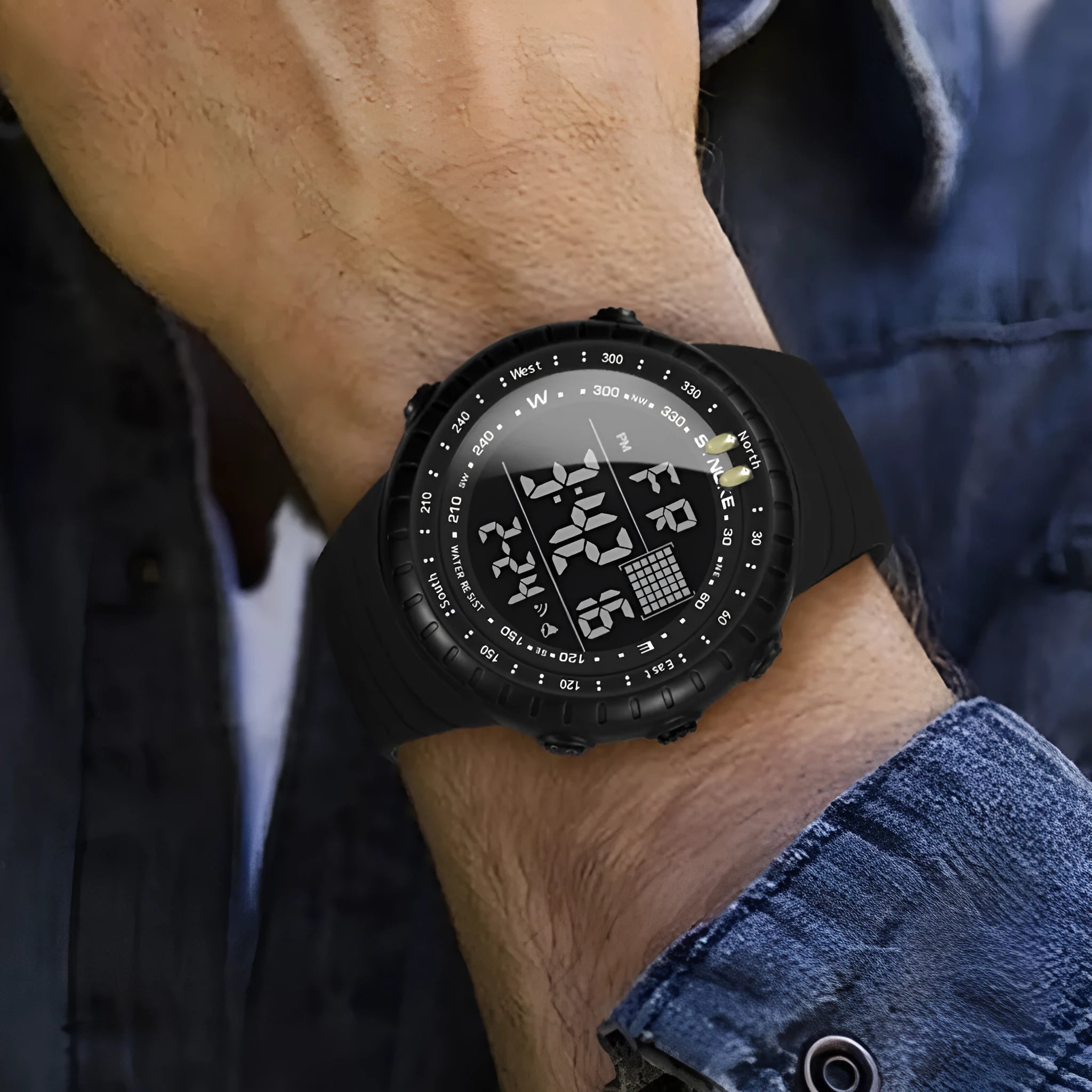 Black men's waterproof outdoor electronic watch with 54.74mm dial and PU strap