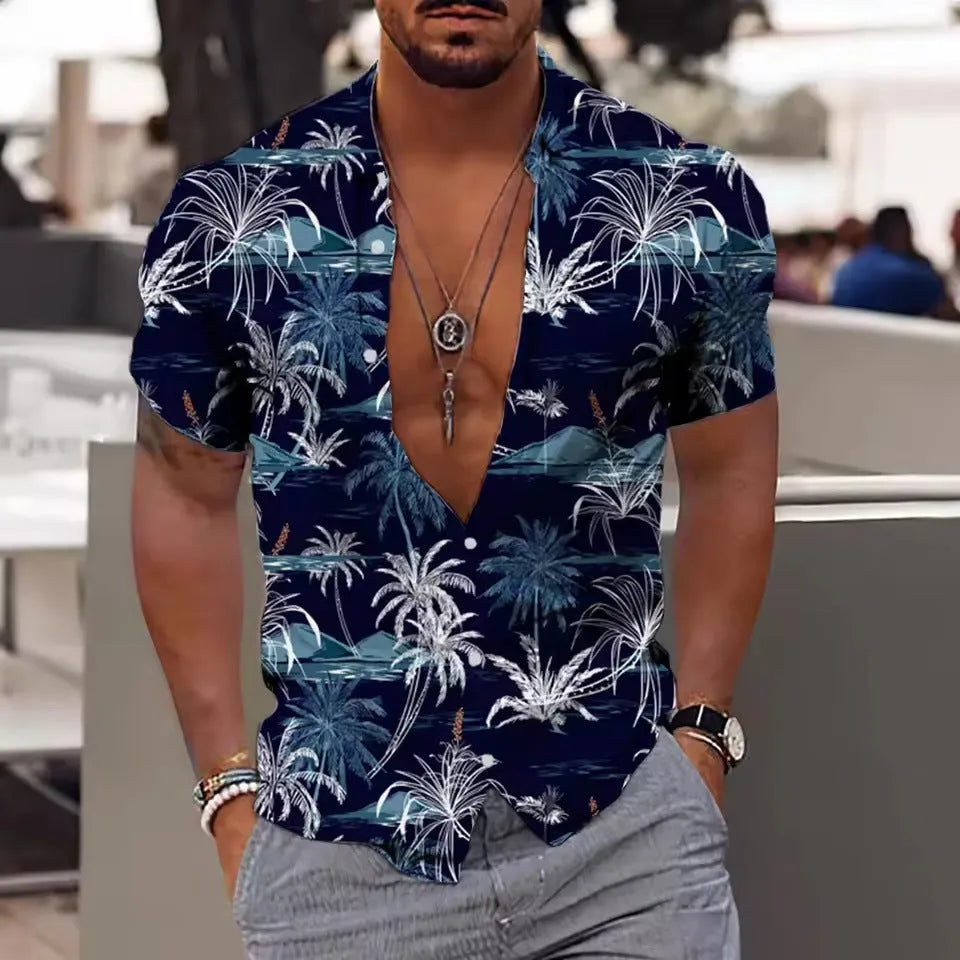 Man wearing a loose-fit floral print short sleeve beach shirt in a casual setting.