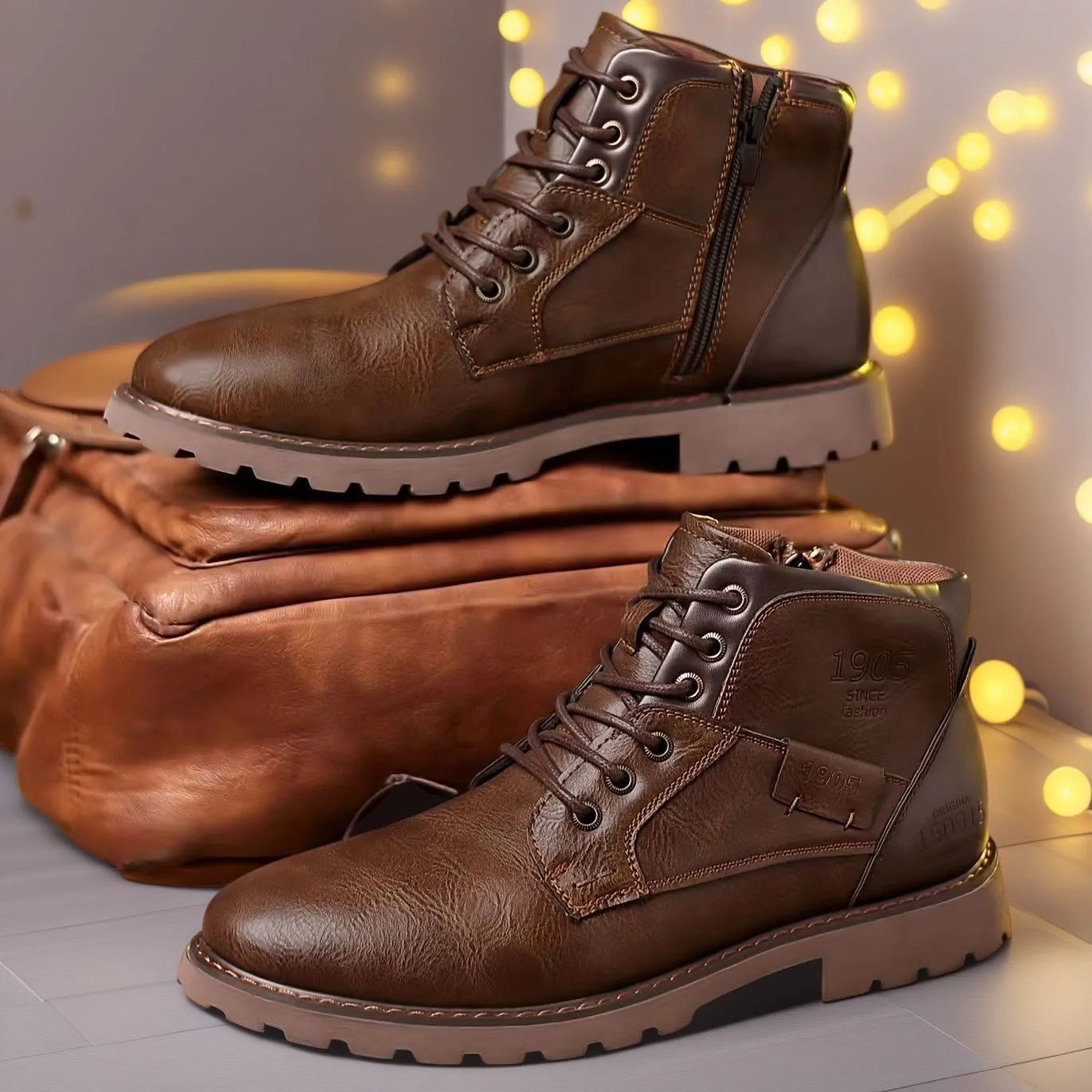 Men's brown and black side-zip Martin ankle boots with round toe and rubber soles
