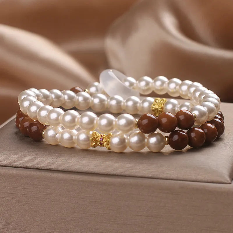 Natural white freshwater pearl double-circle flexible ring bracelet with crystal beads, 34cm length