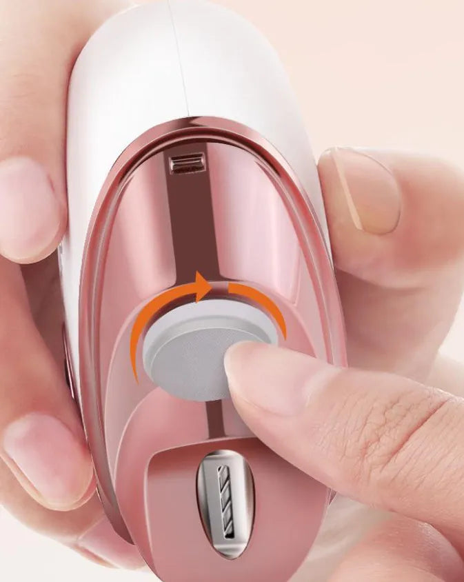 Electric nail clipper and polisher two-in-one device in blue, orange and white colours with Type-C charging cable
