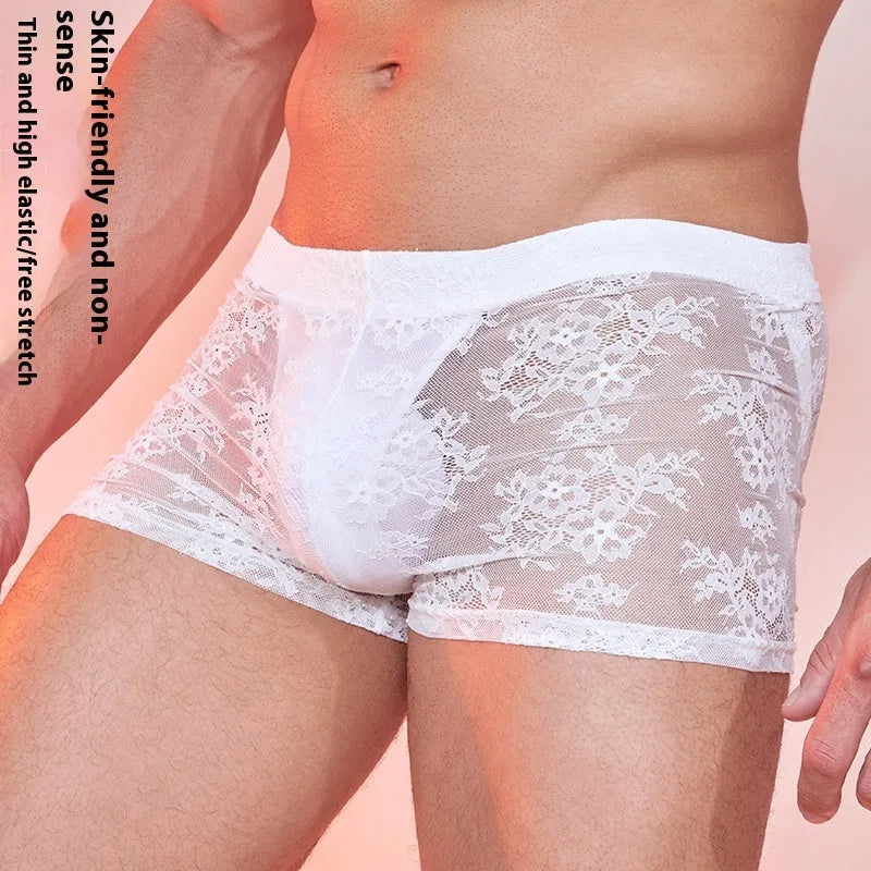 Nylon lace trim men's boxers in black, red, or white, shown in free size.