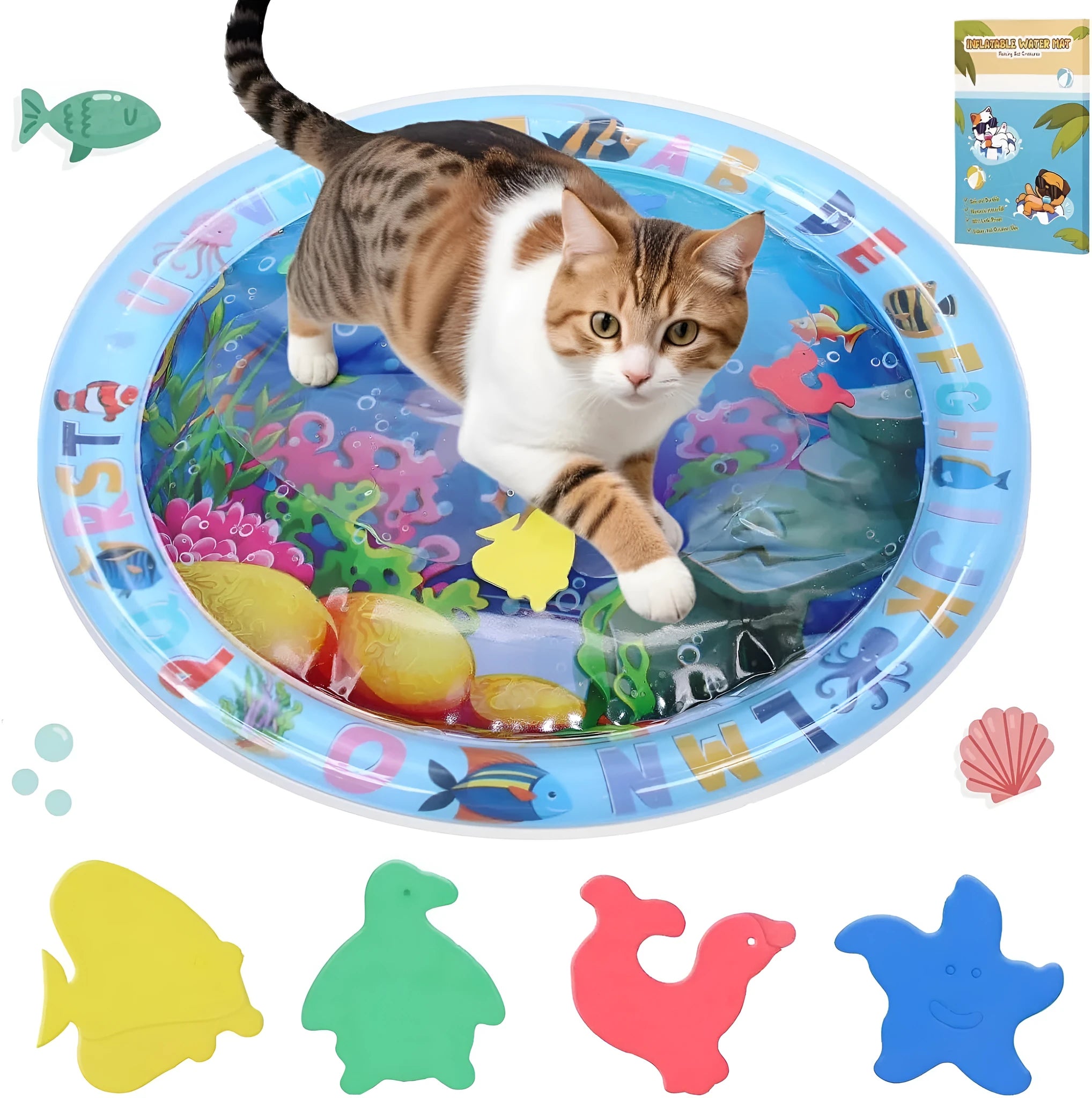 Thickened blue PVC water playmat for cats with ocean fish design and floating toys inside.