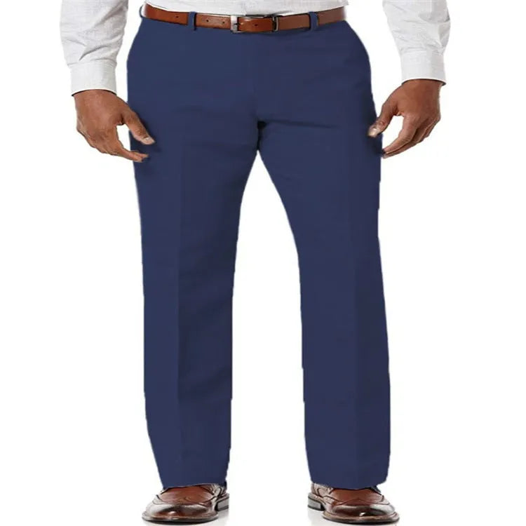 Men's solid colour linen-cotton trousers with slant pockets on a basic style.