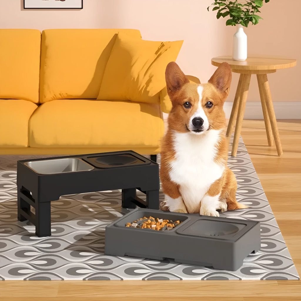 Adjustable height elevated dog feeding stand with stainless steel bowls in black