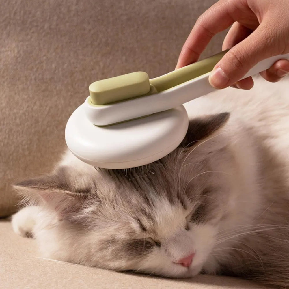 Automatic pet hair remover brush with stainless steel teeth and coloured ABS handle, shown with the hair release button.