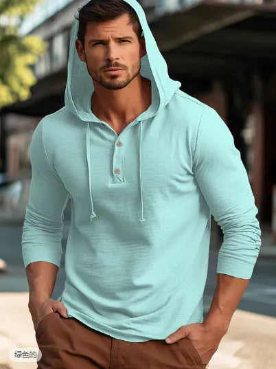 Men's casual cotton hoodie top in dark blue colour showing pullover design with long sleeves