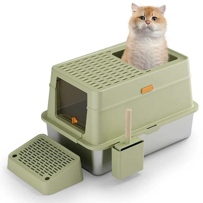 Grey large enclosed cat litter box with pedal lid made from ABS plastic and stainless steel.