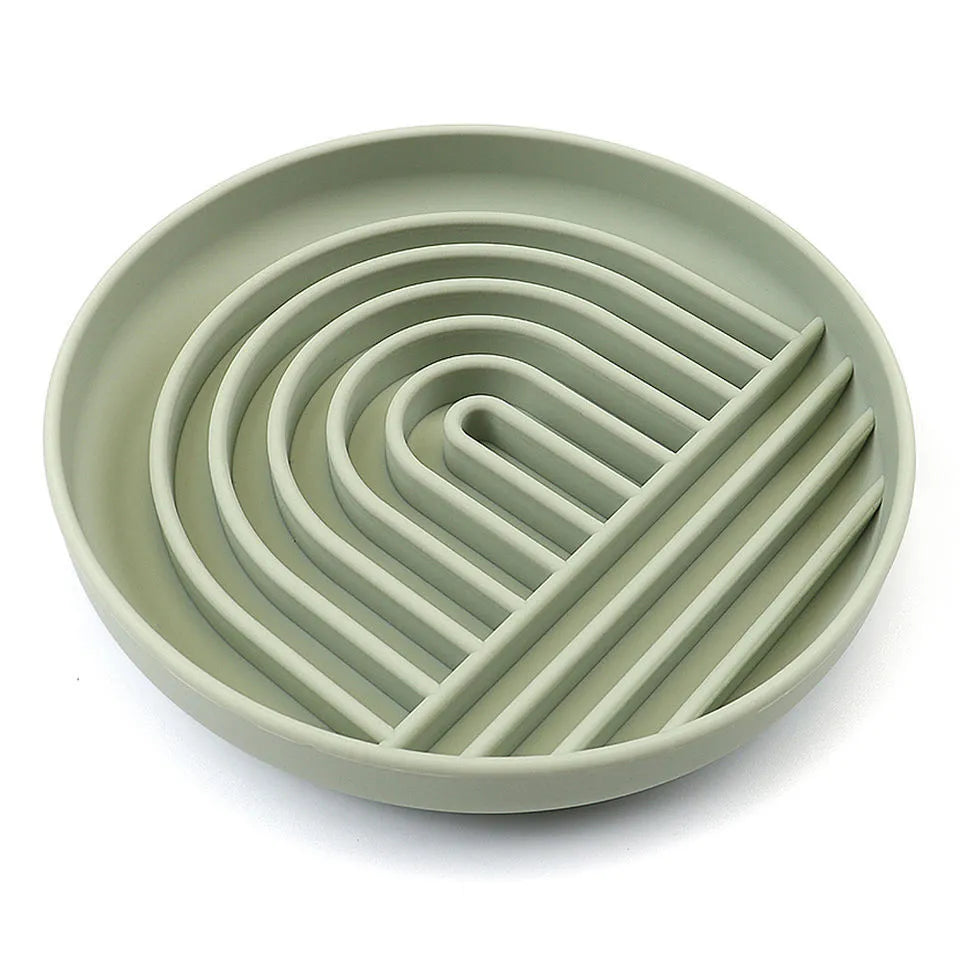 Silicone slow feeder dog bowl with textured ridges, shown in beige colour