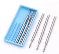 Blue box containing six thin disc needle-shaped tungsten steel carving cutter grinding heads with sizes from 1.0mm to 2.0mm.