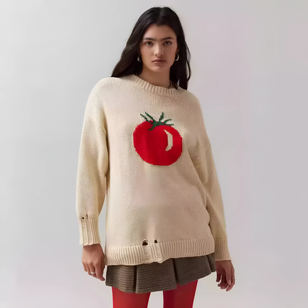 Women's beige acrylic jacquard sweater with round neck and long sleeves