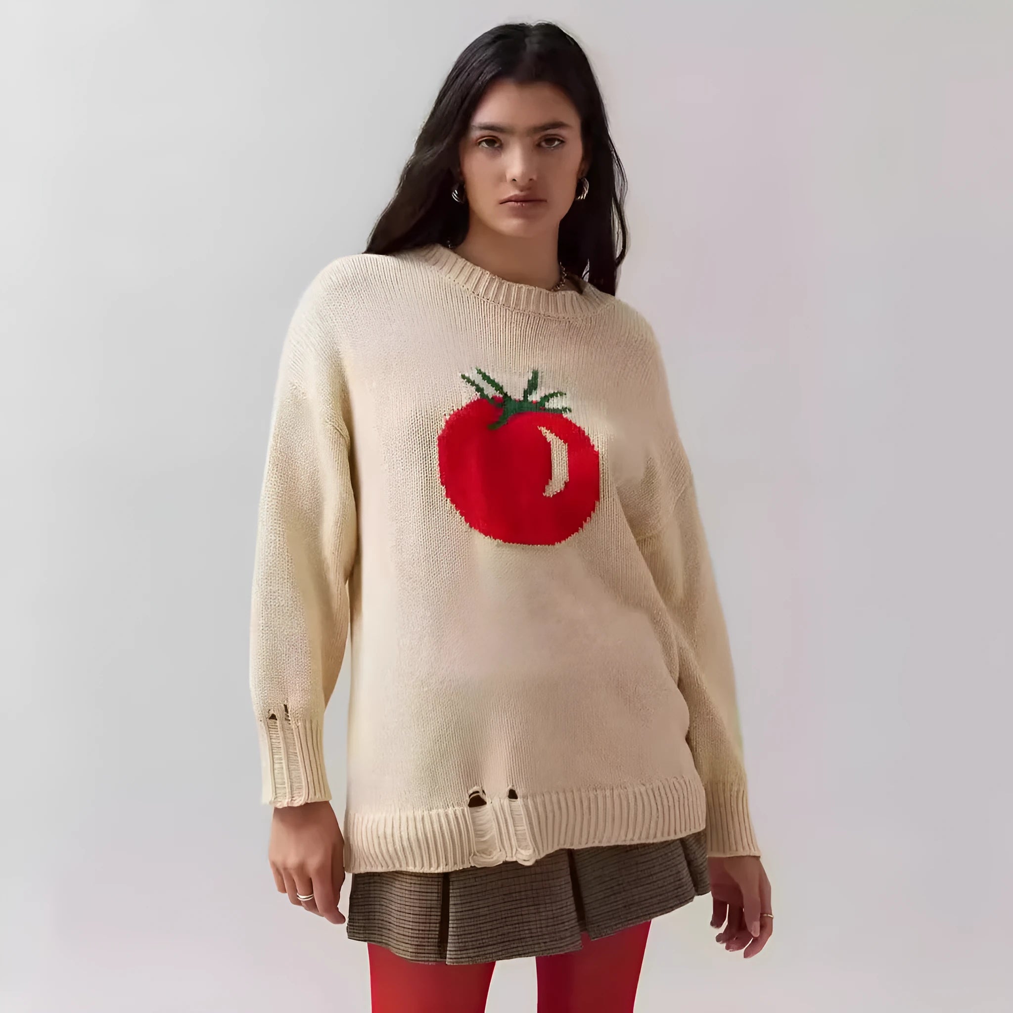 Women's beige acrylic jacquard sweater with round neck and long sleeves