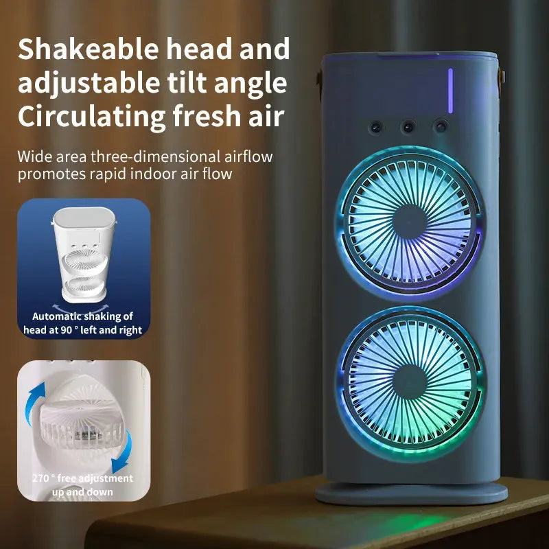 White portable USB desk humidifying fan with double spray heads and remote control.