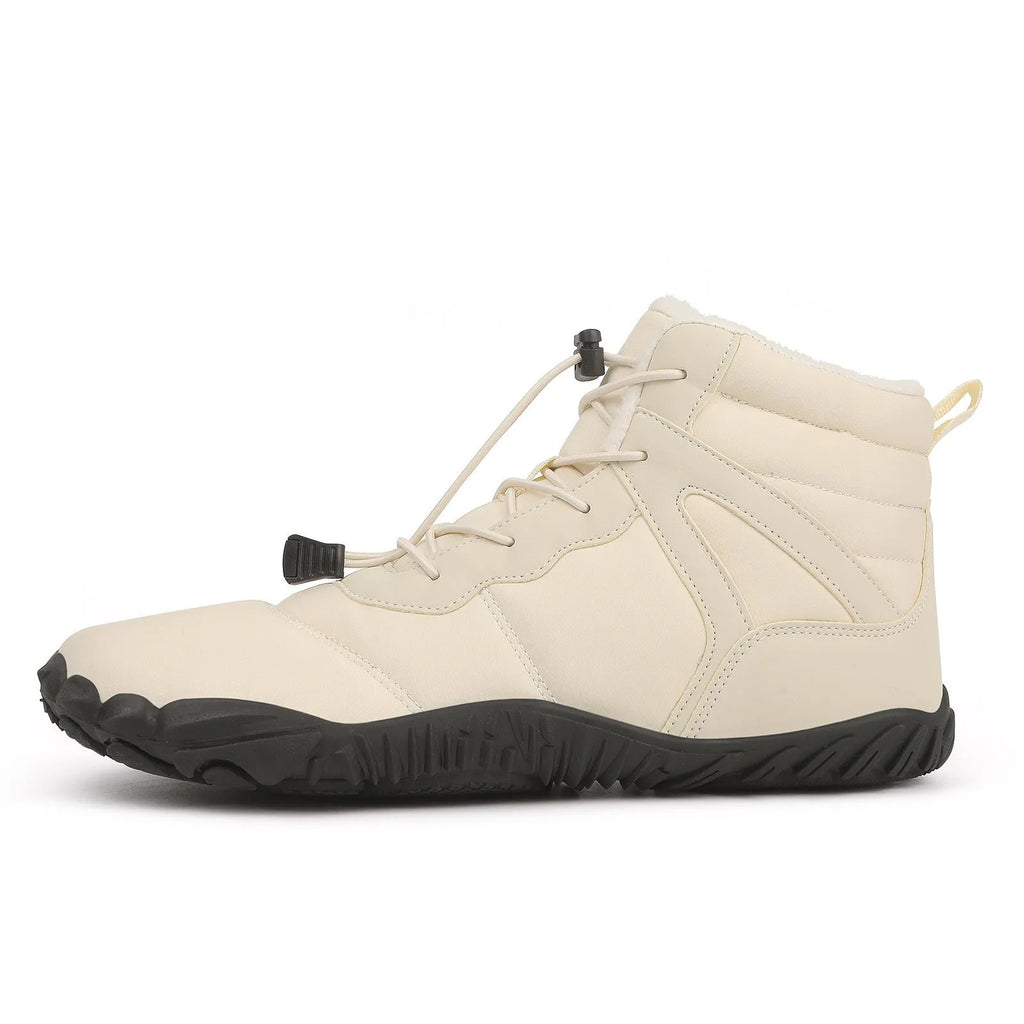 Beige and grey five-finger waterproof fleece-lined snow boots with rubber hiking outsoles.