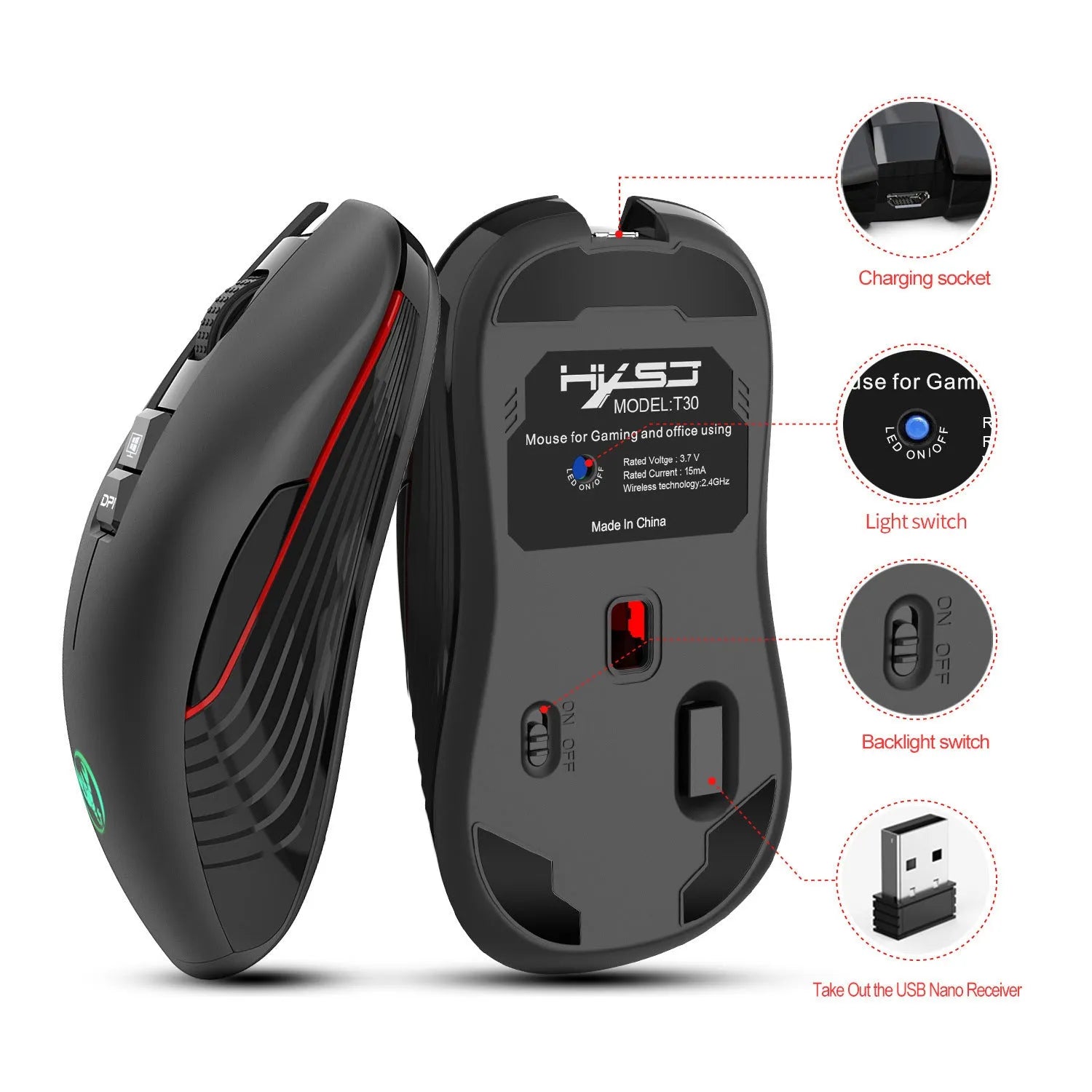 Black wireless gaming mouse with RGB lighting and ergonomic shape on desktop