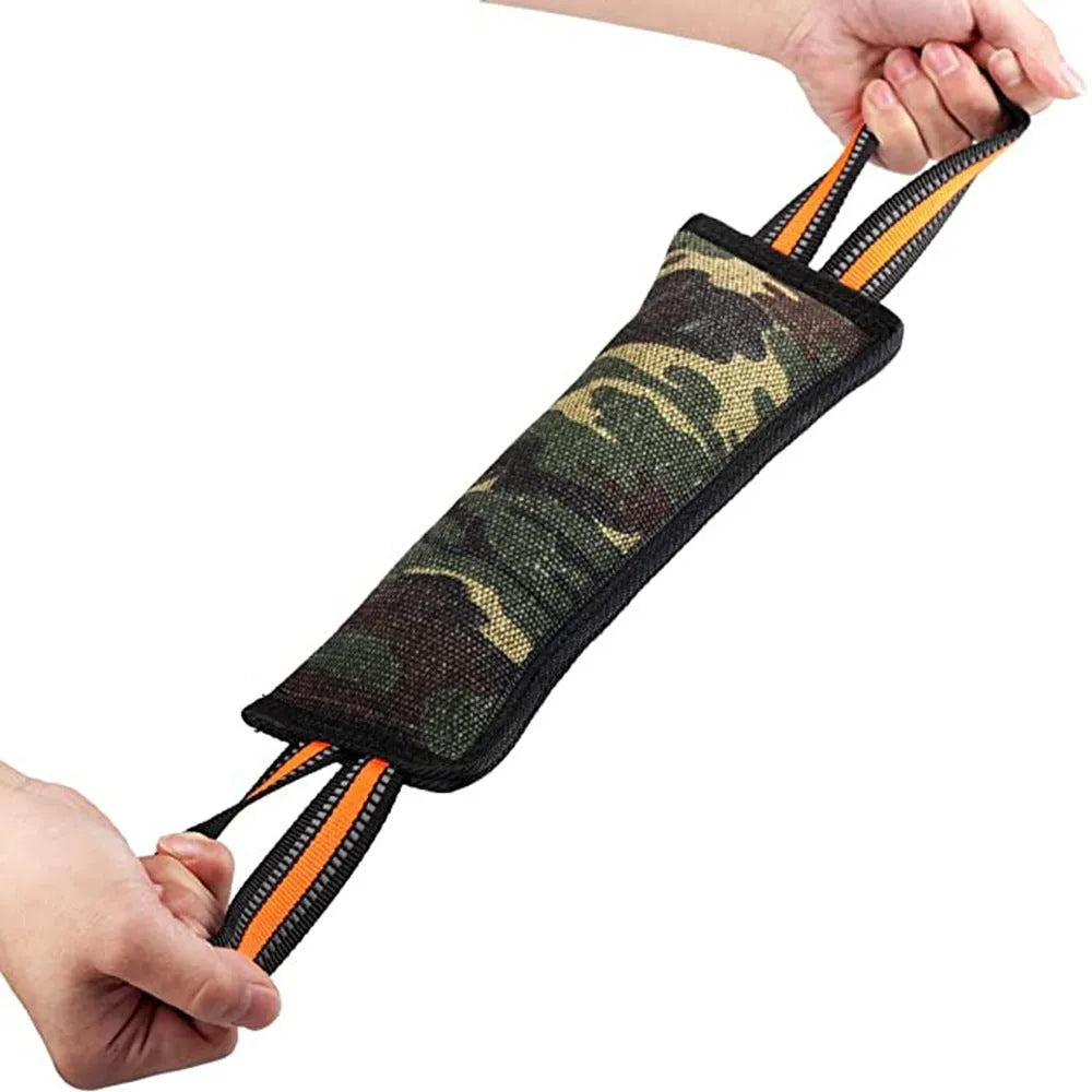 Natural jute dog training bite stick with yellow edge trim, approximately 55cm length