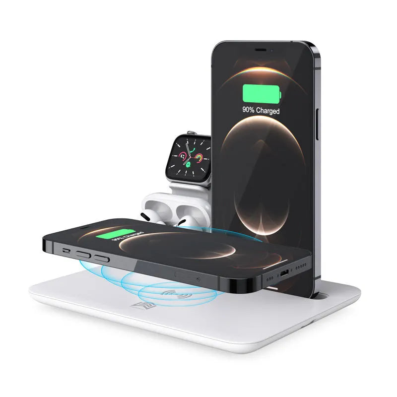 Black wireless charging station for phone watch headphones on desktop with USB cable