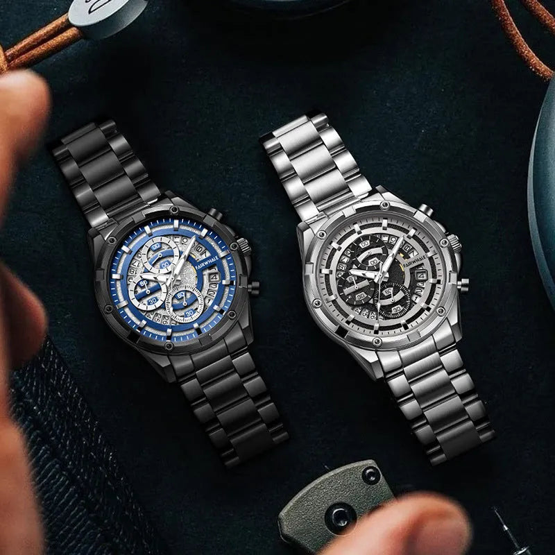 Men's waterproof luminous quartz watch with a steel belt, shown in black and blue colour variant.