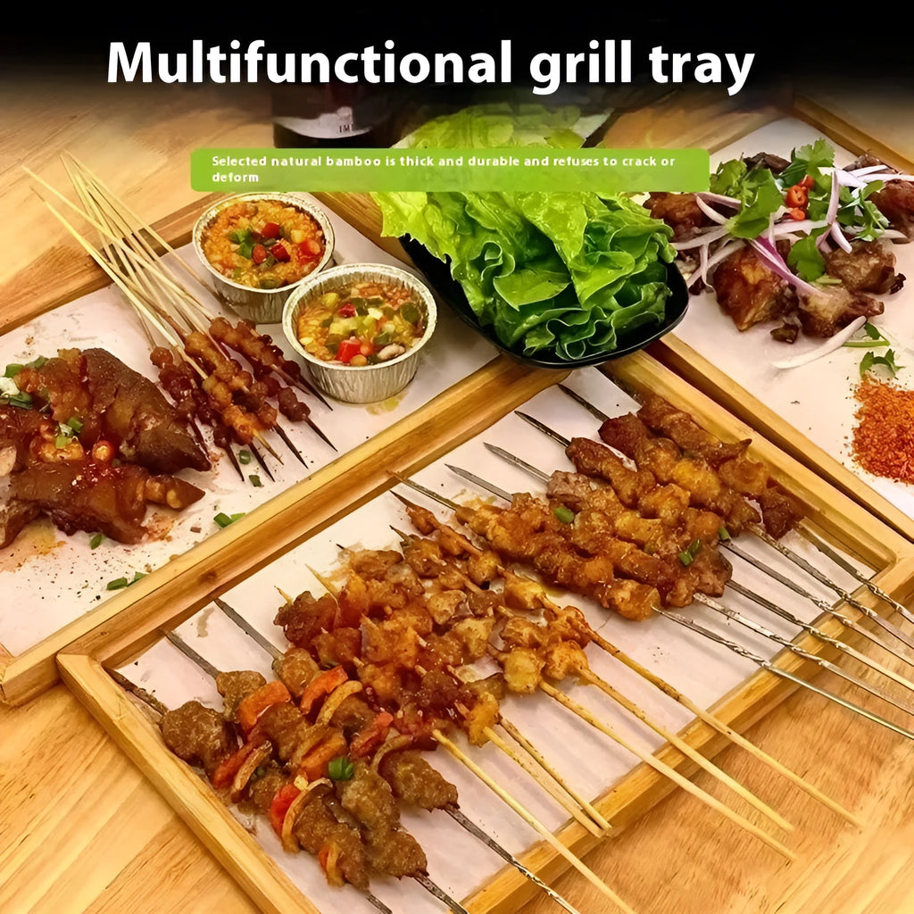 Brown handled bamboo barbecue tray square serving plate on table