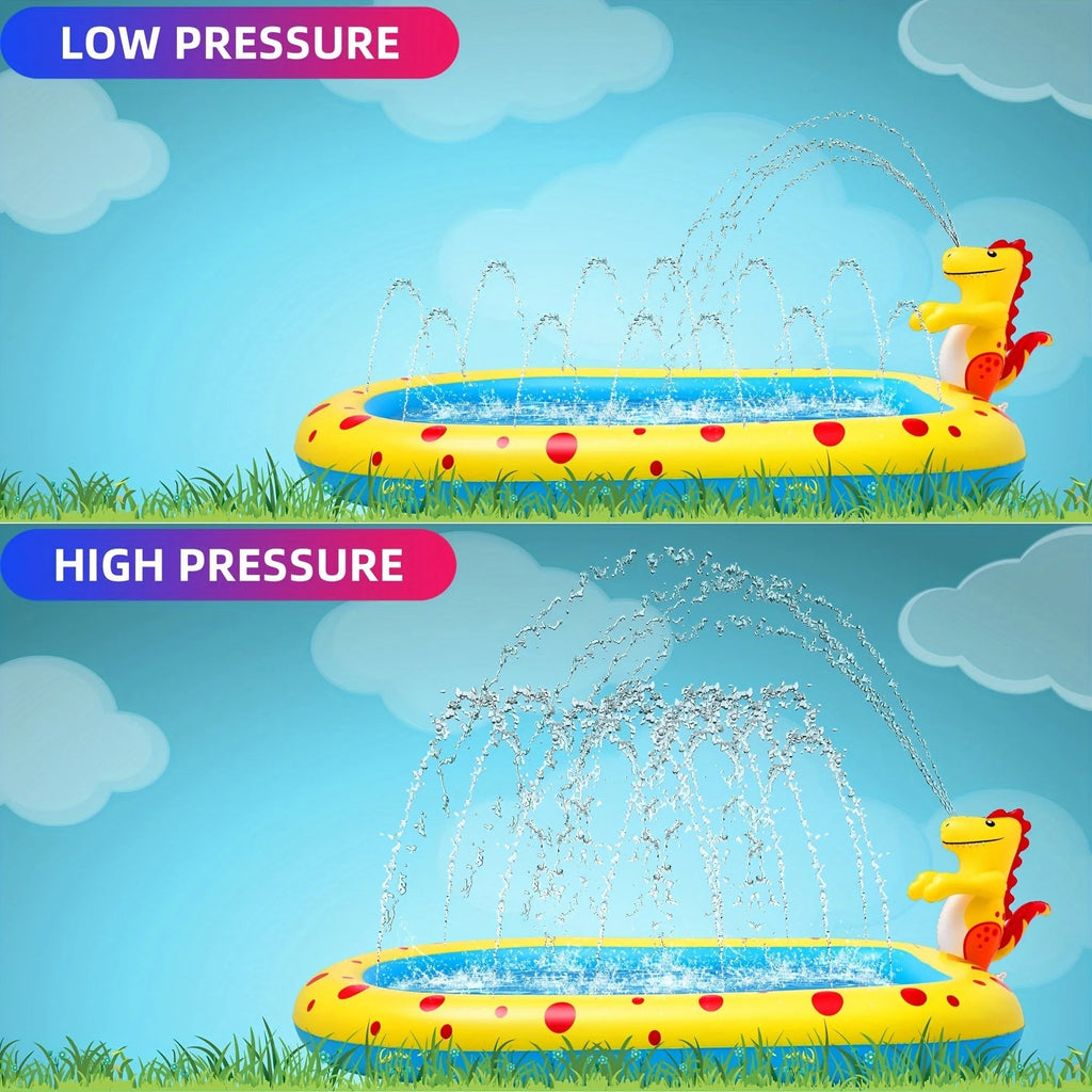 Blue dinosaur inflatable water spray pool measuring 170x105x65cm for outdoor children's play