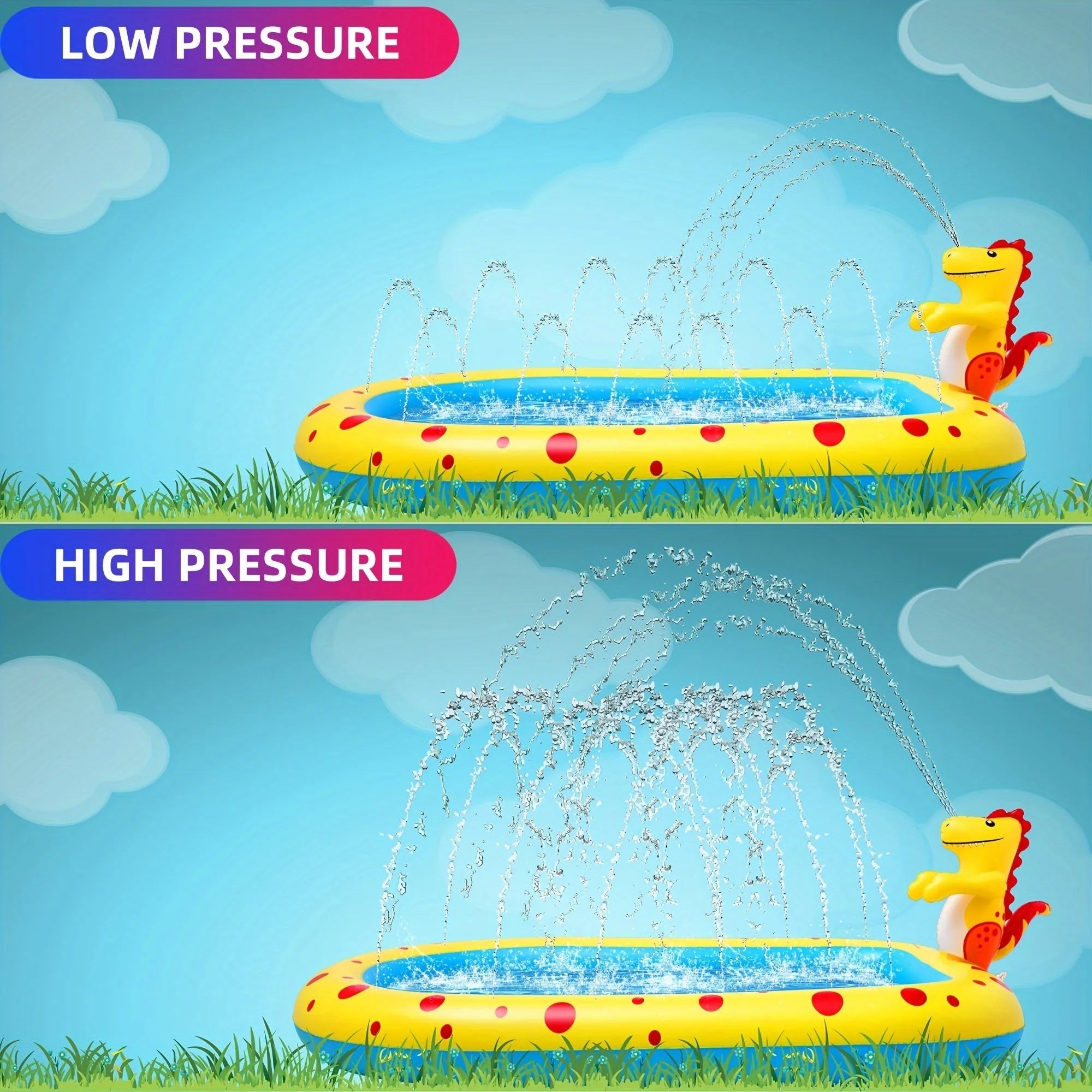 Blue dinosaur inflatable water spray pool measuring 170x105x65cm for outdoor children's play