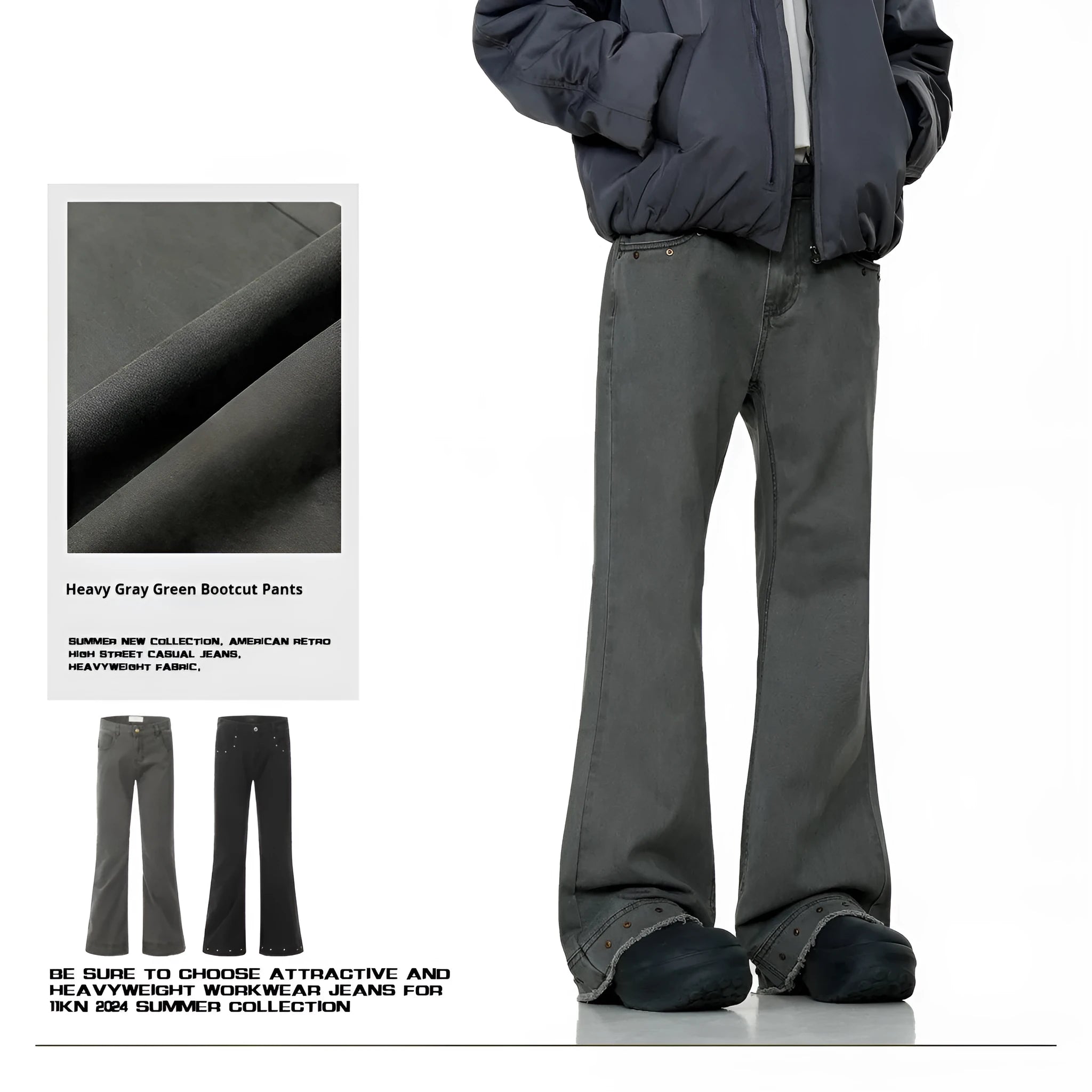 Straight-leg skinny jeans in black cotton fabric with horn-style leg opening and zipper fly