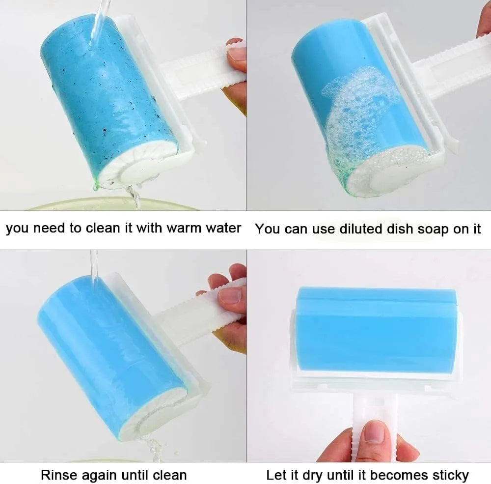 Washable reusable lint roller with cover in blue, green, pink or yellow for pet hair removal