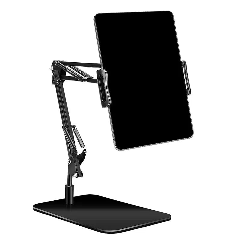 Black universal phone stand with long rotating arms holding tablet on metal base