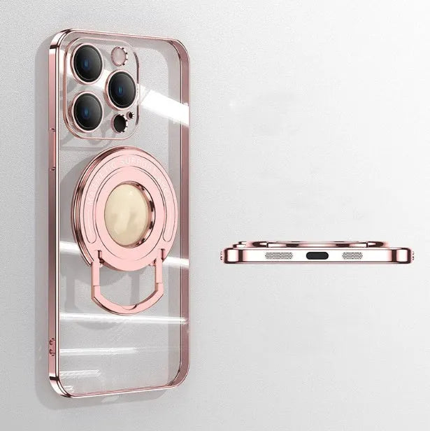Transparent magnetic iPhone case with retractable stand pulled out, shown in far peak blue colour